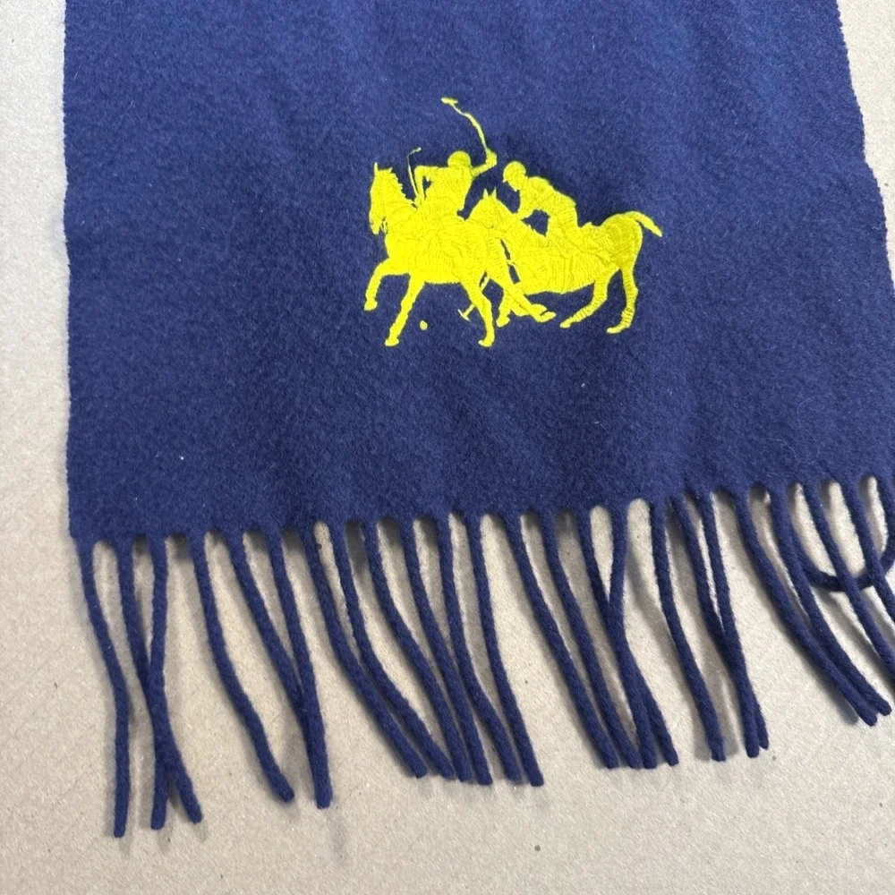 Polo Ralph Lauren 100% Lambswool Scarf‎ Navy Fringe Yellow 2 Pony Logo 60